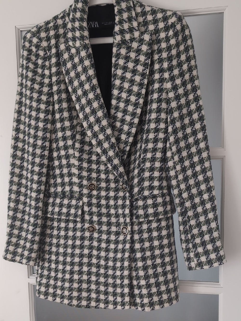 Zara Green, Blue & Cream Houndstooth Double-Breasted Blazer
